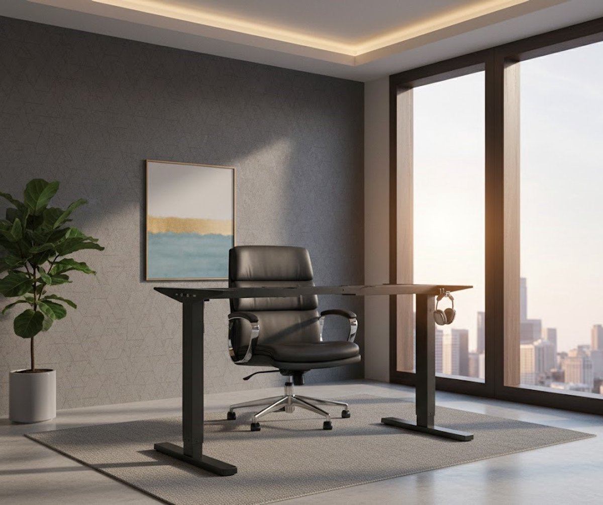 Premium Elektrisch In Hoogte Verstelbaar Bureau – Modern Stabiel Bureauframe met Dubbele Motor, USB-C, Geheugenfunctie, Haken & Zwart Tafelblad – Home Office & Gaming Bureau Casa Serena – Afmetinge...