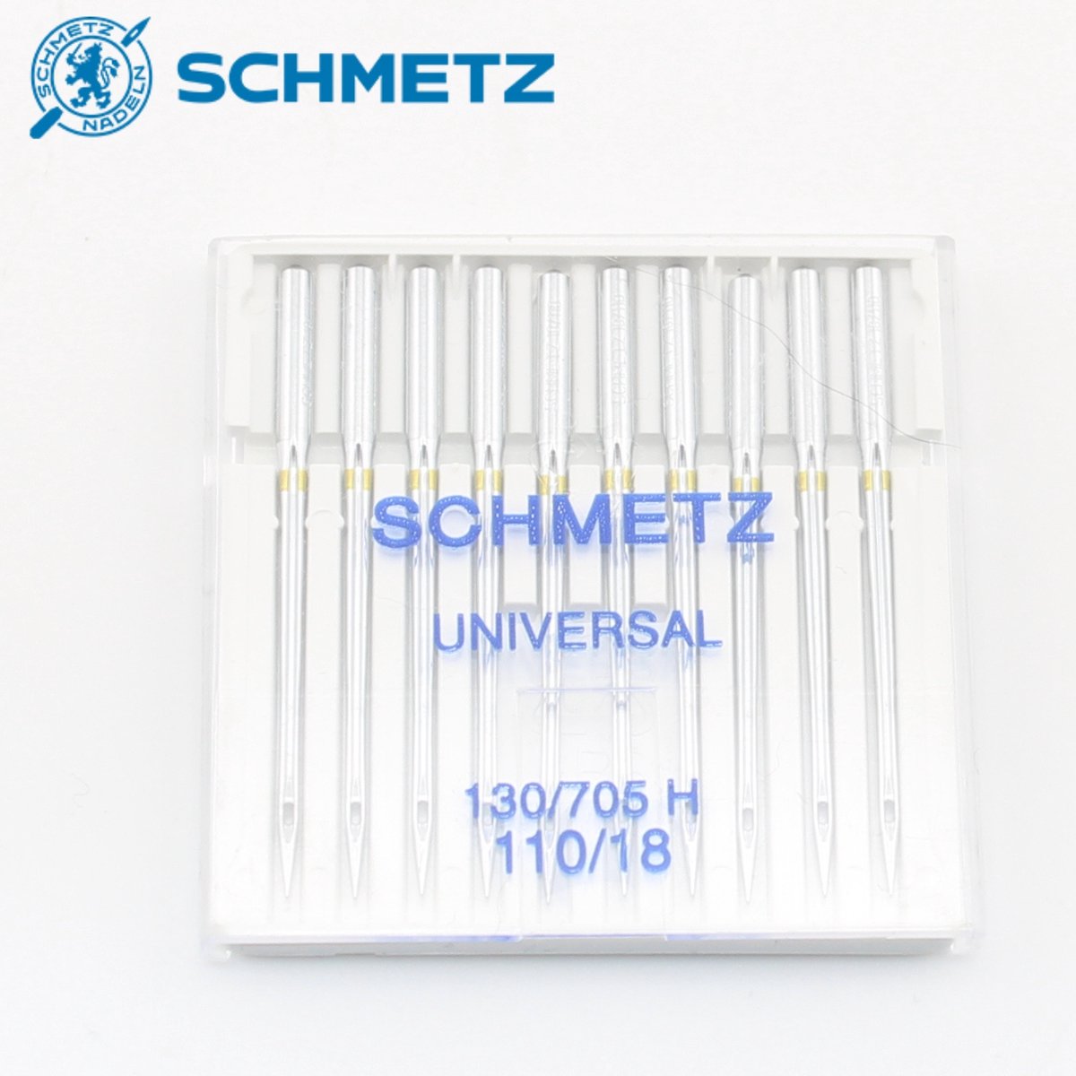 1 DOOSJE met 10 SCHMETZ UNIVERSELE NAAIMACHINENAALDEN van Hoge Kwaliteit, Model 130/705H, Maat 110/18
