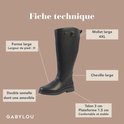 Technische fiche van een zwarte laars met 'Gabylou' logo. Met tekst: 'Mollet large 4XL', 'Cheville large', 'Talon 3 cm', 'Plateforme 1.5 cm', 'Forme large', 'Double semelle'.