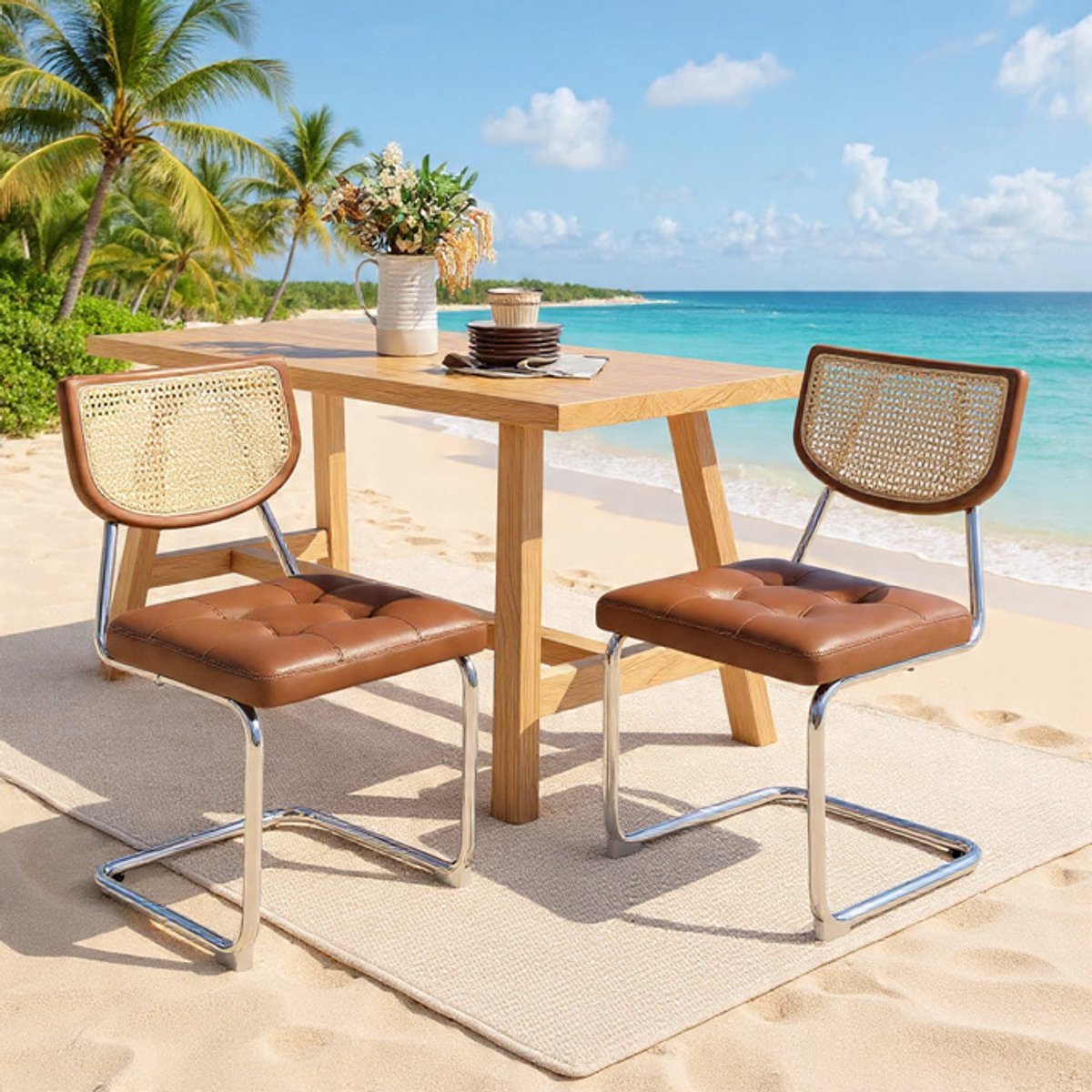 Retro Luxe Keuken- en Eetkamerstoel met Rotan Rugleuning - Set van 2 Schommelstoelen mit Kunstlederen Zitplaatsen - Comfortabele Gestoffeerde Stoelen voor Eetkamer, Keuken, Woonkamer, Restaurant - ...