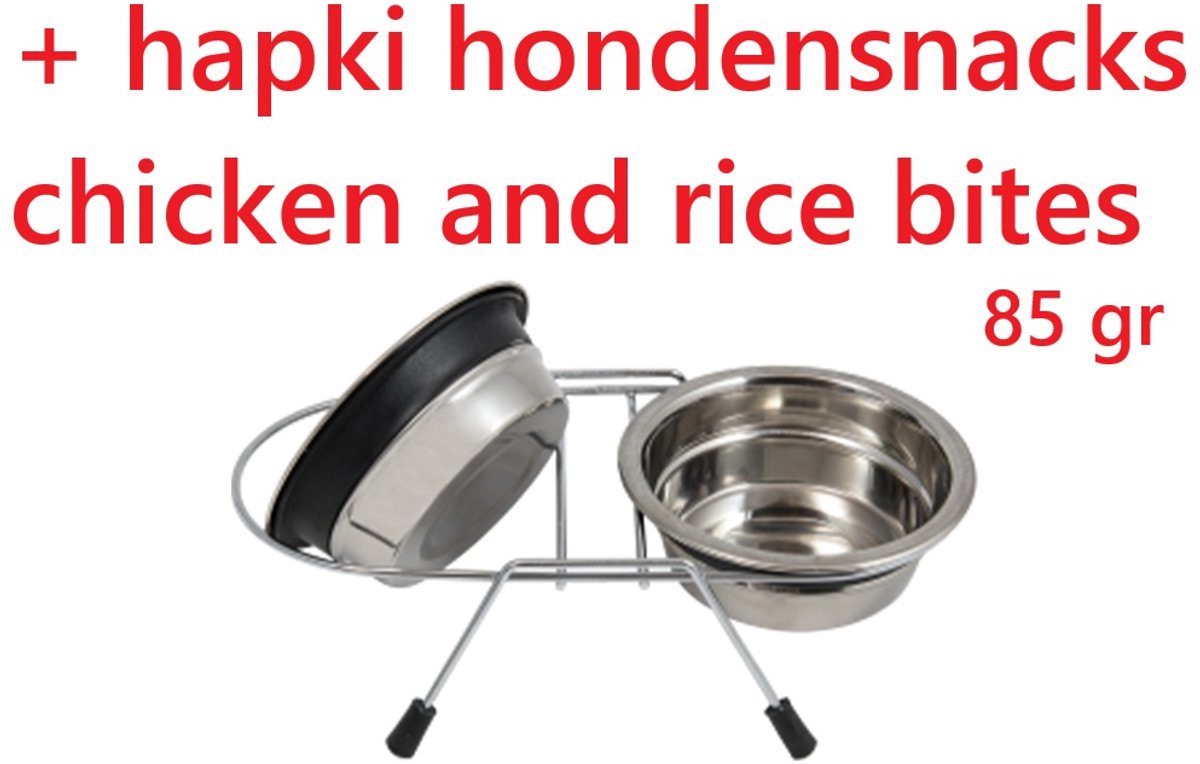 Cocapet - JV -dubbele voer en drinkbak voor honden en katten - 2 x 820 ml - in RVS met rubber band aan potjes en rubber antislip pootjes - silent - *** + FLAMINGO HAPKI SNACKS HONDEN CHICKEN AND RICE 85 GR ***