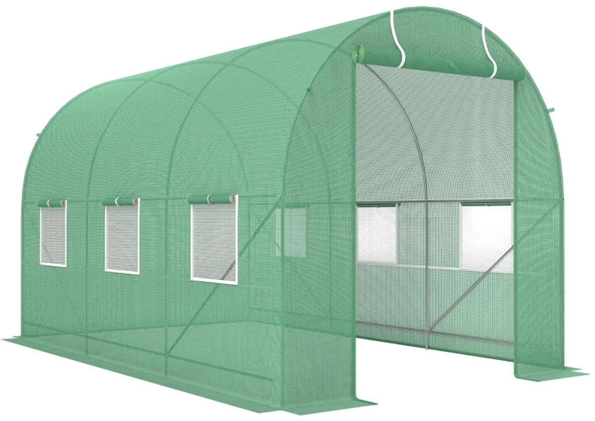 Polytunnelkas - Kas met Roldeuren en Ramen - Tunnelkas - Foliekas - Kweektunnel - Kweekkas - Kastunnel - Groentekas - Plantenhuis - Plantenteelt - Tomatenkas - voor Groenten, Bloemen, Planten - 350x200x200 cm