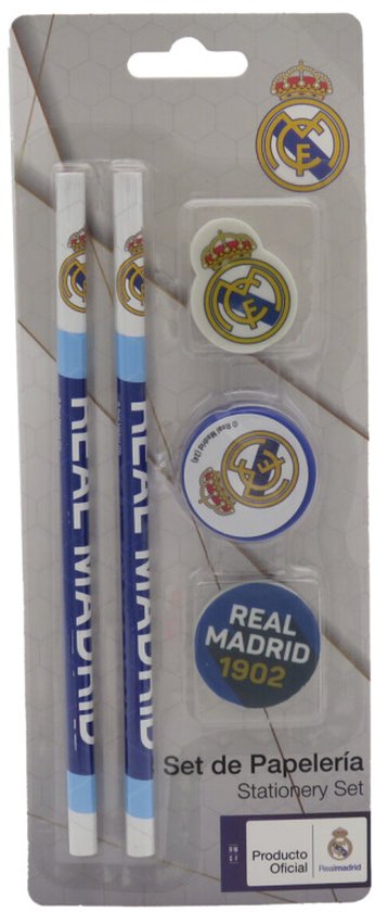 Real Madrid schrijfset met twee potloden, emblemen en een puntenslijper, in verpakking.