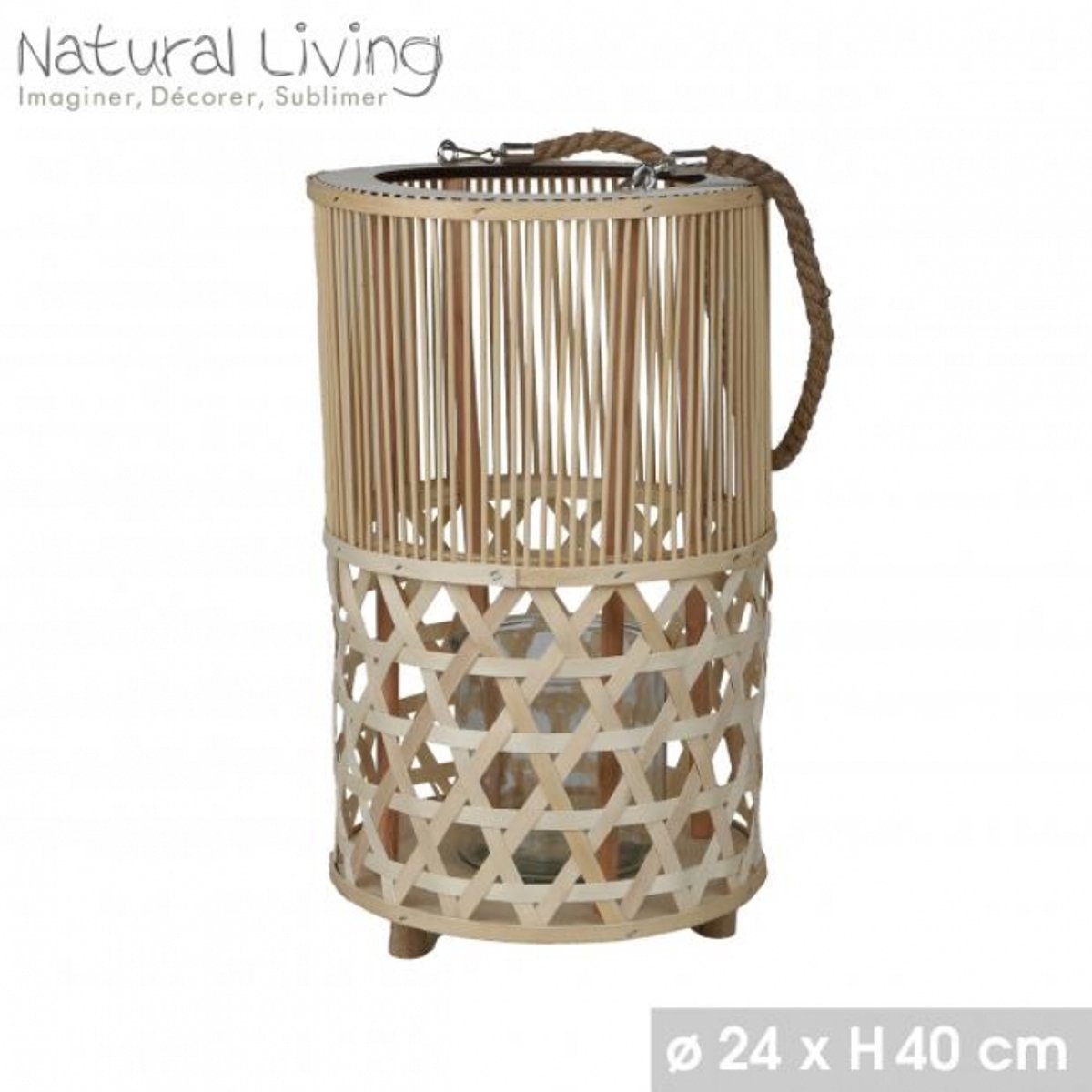 "NATURAL LIVING" Bamboe lantaarn SUZI met glazen theelichthouder D24 cm x H40 cm
