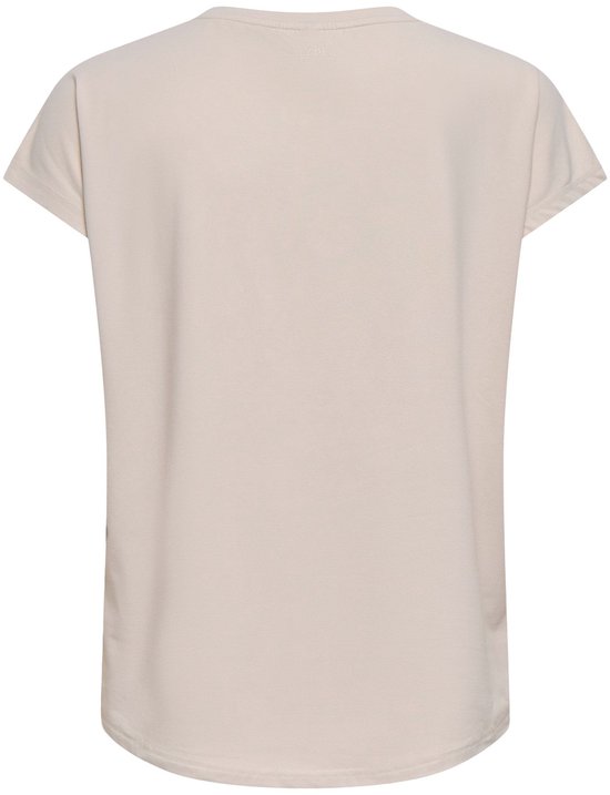 Beige sportshirt met korte mouwen, ronde hals en licht uitlopende zoom. Zicht op de achterkant.