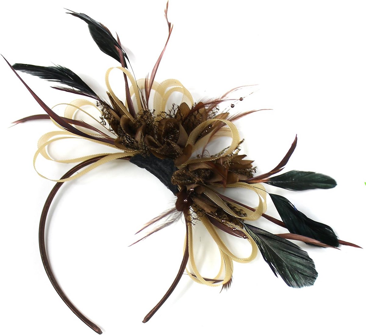 Elegante Hoofdband met Veer Fascinator Goud en Bruin voor Bruiloft en Feest