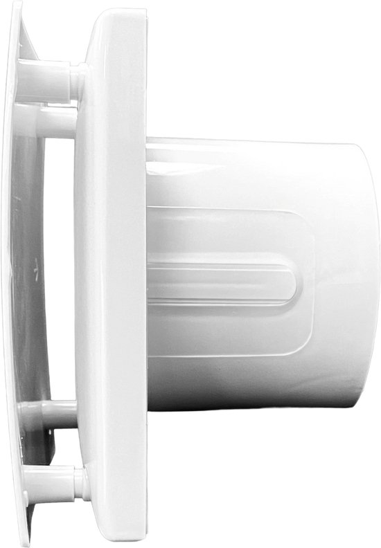 Vue de côté d'un ventilateur de salle de bain carré blanc.