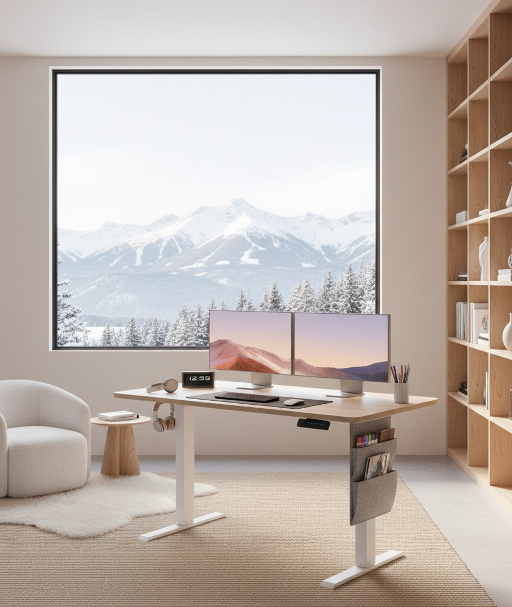 Premium Elektrisch Zit-Sta Bureau – In Hoogte Verstelbaar, Minimalistisch Design, Naturel Hout & Stalen Frame, Stil en Duurzaam, 120x60 cm, Casa Serena – Casa Dorada