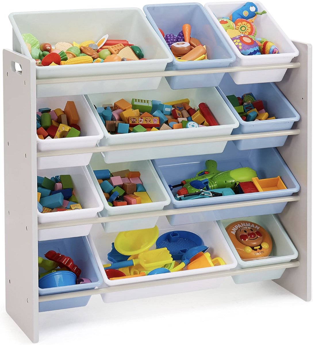 Kinder Opbergsysteem voor Speelgoed – Opbergrek met 12 Uitneembare Kunststof Bakken – Speelgoedorganizer voor Kinderkamer en Speelkamer – Houten Frame met Muurbevestiging – 85,3 x 27,7 x 79 cm