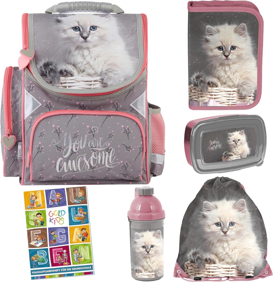 Complete 6-delige Schooltas Set voor Kinderen met Kattenmotief voor Groep 1 tot en met 3