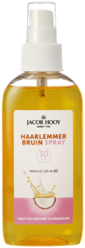 Jacob Hooy Haarlemmerbruin Spray met SPF 30 in een heldere fles. De spray bevat 150 ml.