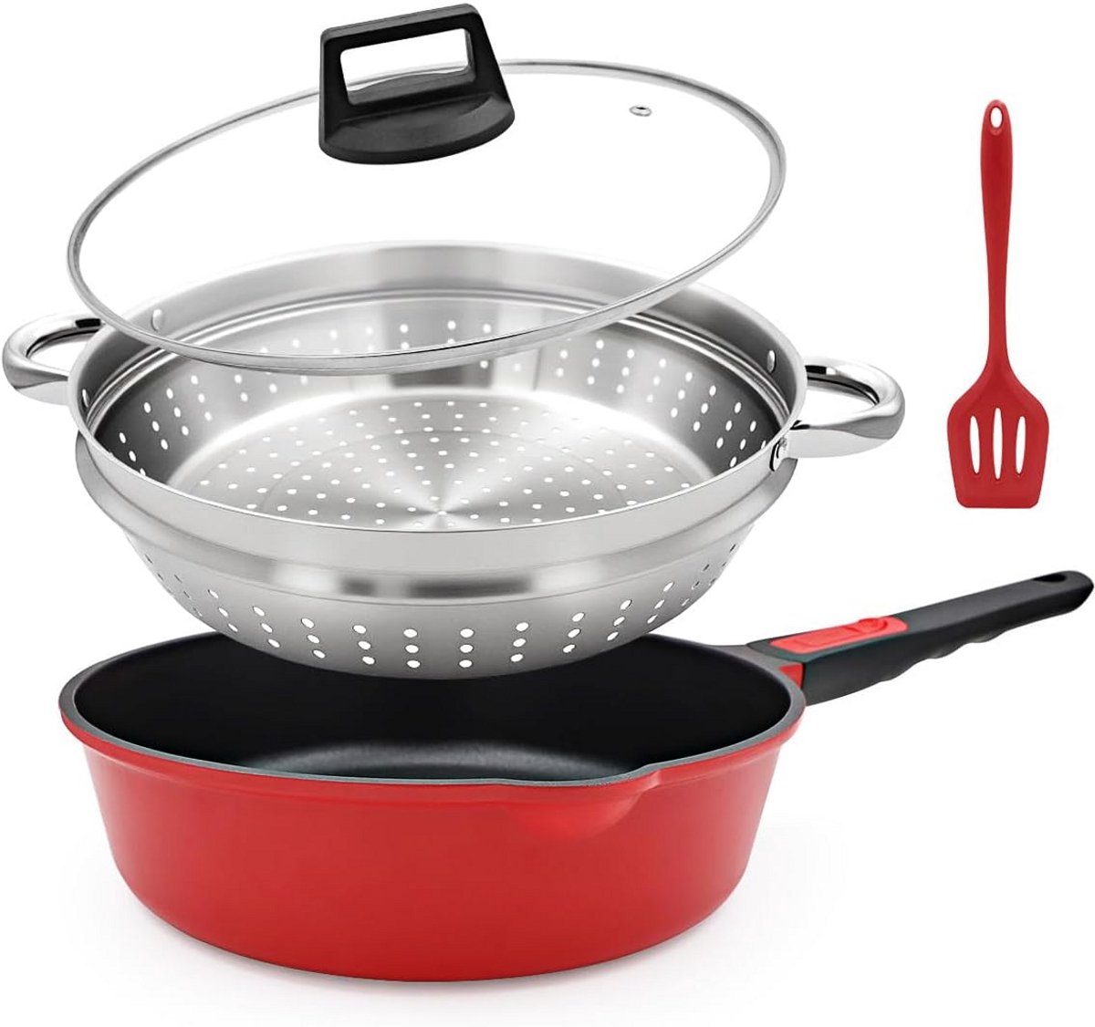 4-delige pannenset 28 cm met deksel en losse handgreep