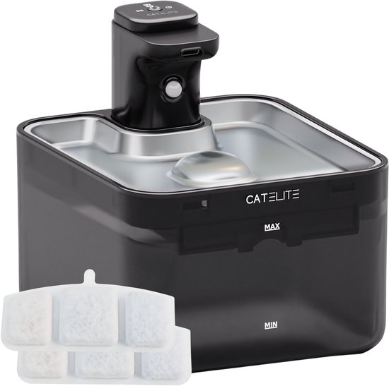 CatElite® - Fontaine chat en acier inoxydable - Distributeur d'eau avec capteur et batterie - 3 Filtres inclus - Fontaine à eau pour chat 2,5 L - Silencieuse - Zwart