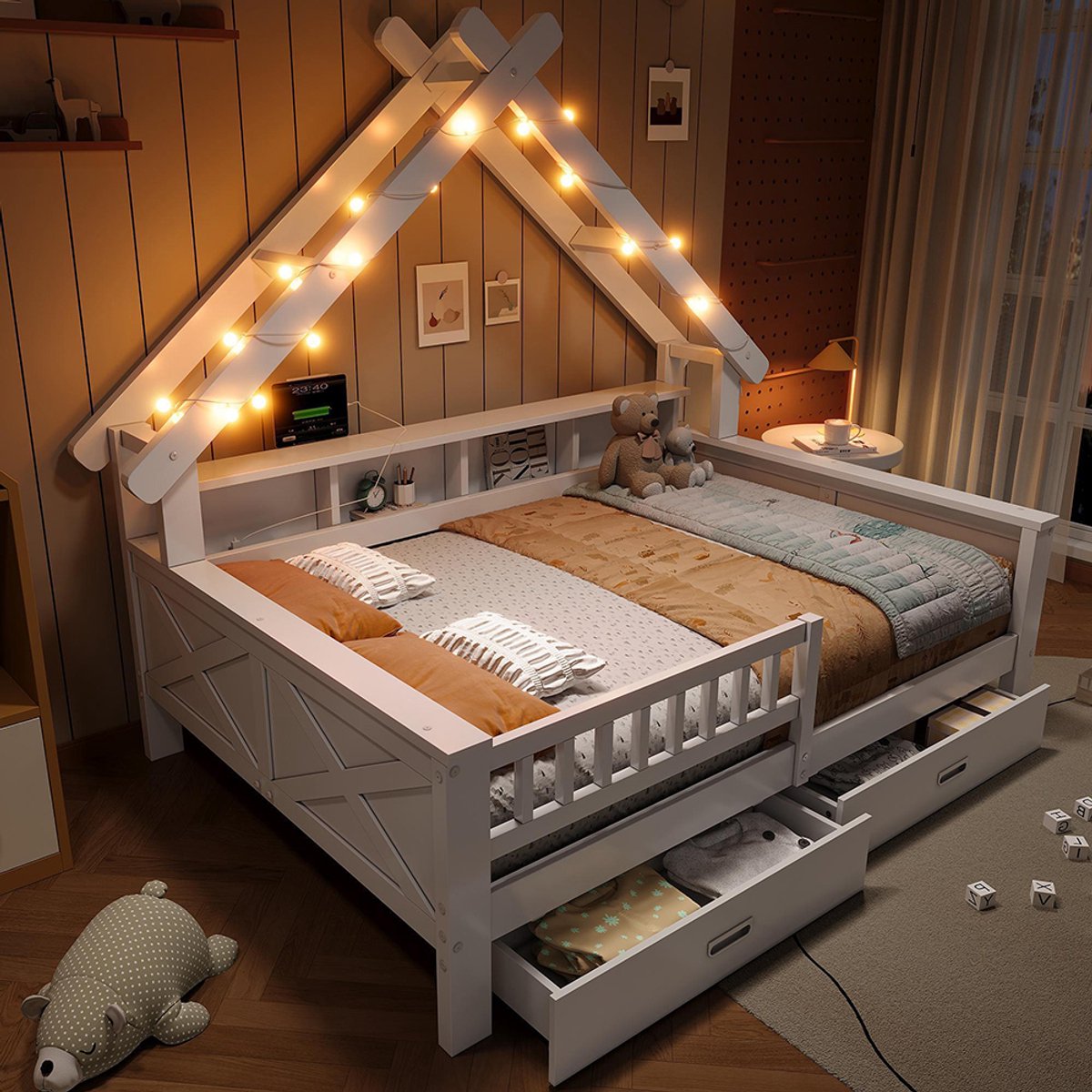 KOMHTOM Houten platformbedden in de vorm van een huis, 140 x 200 cm, met ledverlichting, opbergvakken, lades en veiligheidshek, wit