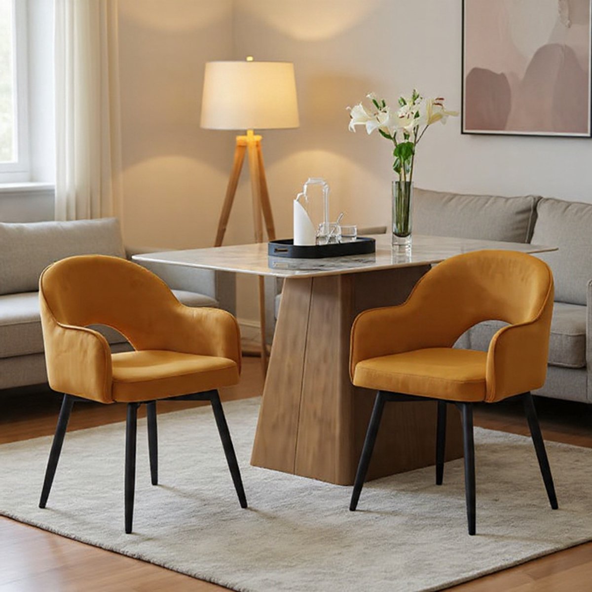 Solaro Luxe 360° Draaibare Eetkamerstoelen – Set van 2 – Fluweel & Metalen Poot – Ergonomische Keuken- en Woonkamerstoelen – Comfortabel & Stijlvol – Geel Casa Serena – Afmetingen op aanvraag – Cas...