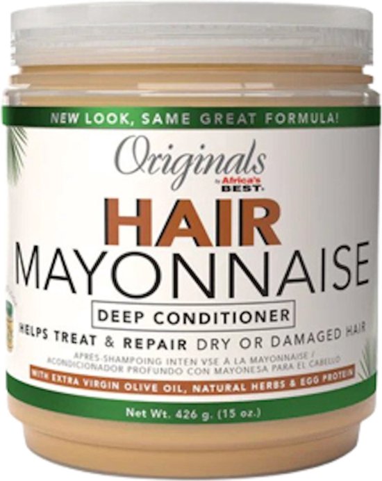 Pot Originals by Africa's Best Hair Mayonnaise Deep Conditioner, met "New Look, Same Great Formula" op het etiket.