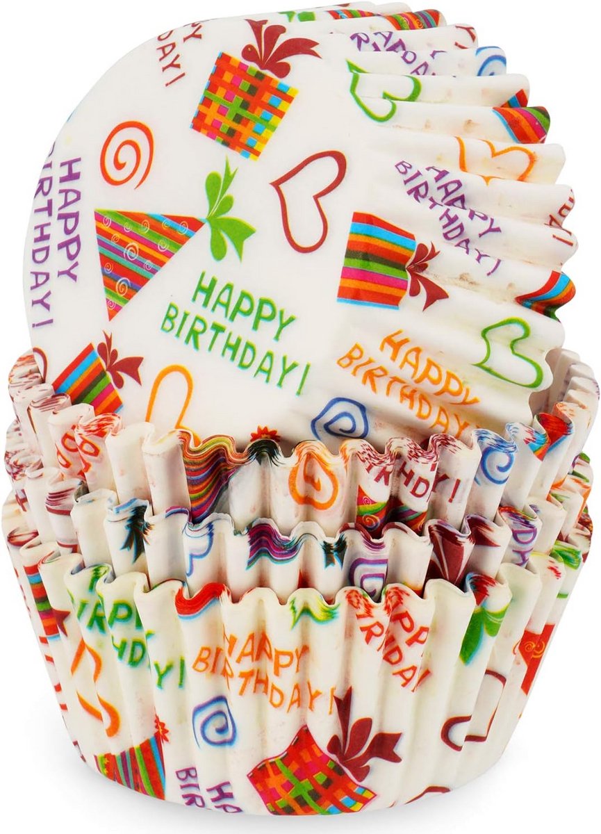 100 Stuks Papieren Cupcake- en Muffinvormpjes met 'Happy Birthday' Motief