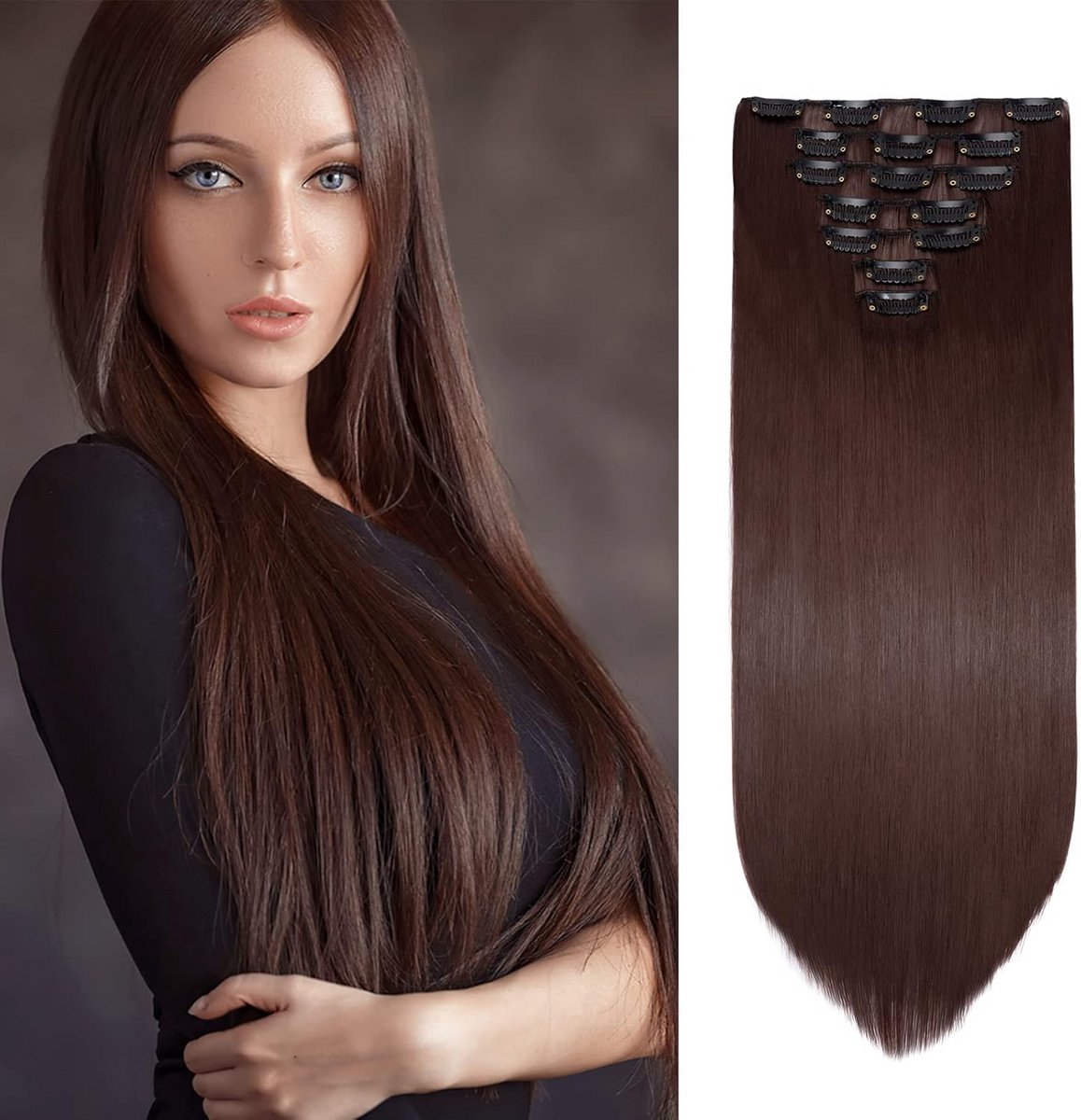 Clip-In Haarverlenging Glad Satijn Zacht Synthetisch Haar 50 cm in Donker Goudbruin