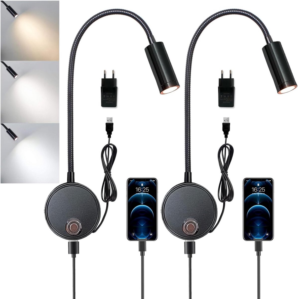 Set van 2 Dimbaar Zwarte Wandleeslampen met USB-oplader en Flexibele Zwanenhals