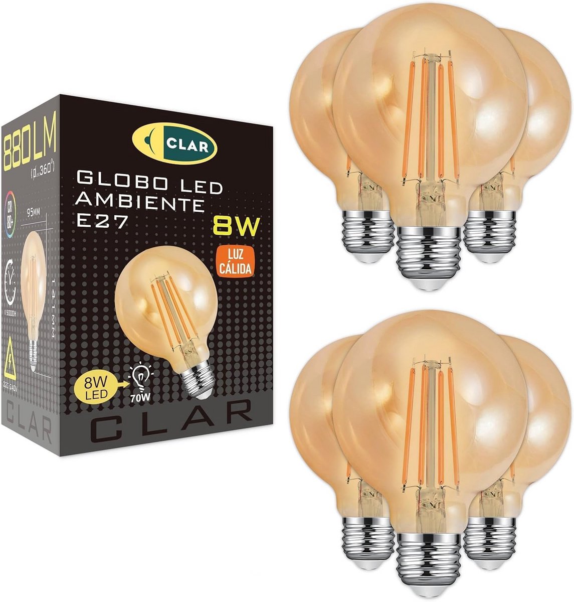 Set van 6 E27 LED Filament Globe Lampen G95 Amber Licht 8W Extra Warm Wit 2500K