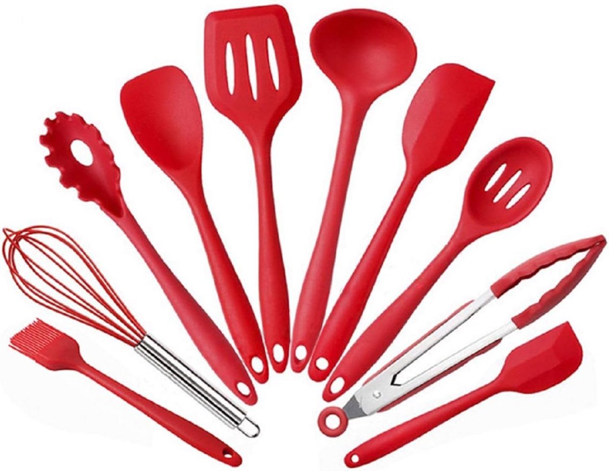 11-delige Hittebestendige Siliconen Keukengerei Set - Non-Stick Keukenhulpjes Rood
