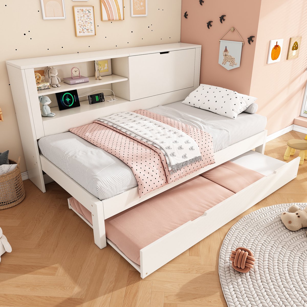 MODFU Bedframe 90x190 cm – Wit sofabed met uitschuifbed & USB – Wit hout