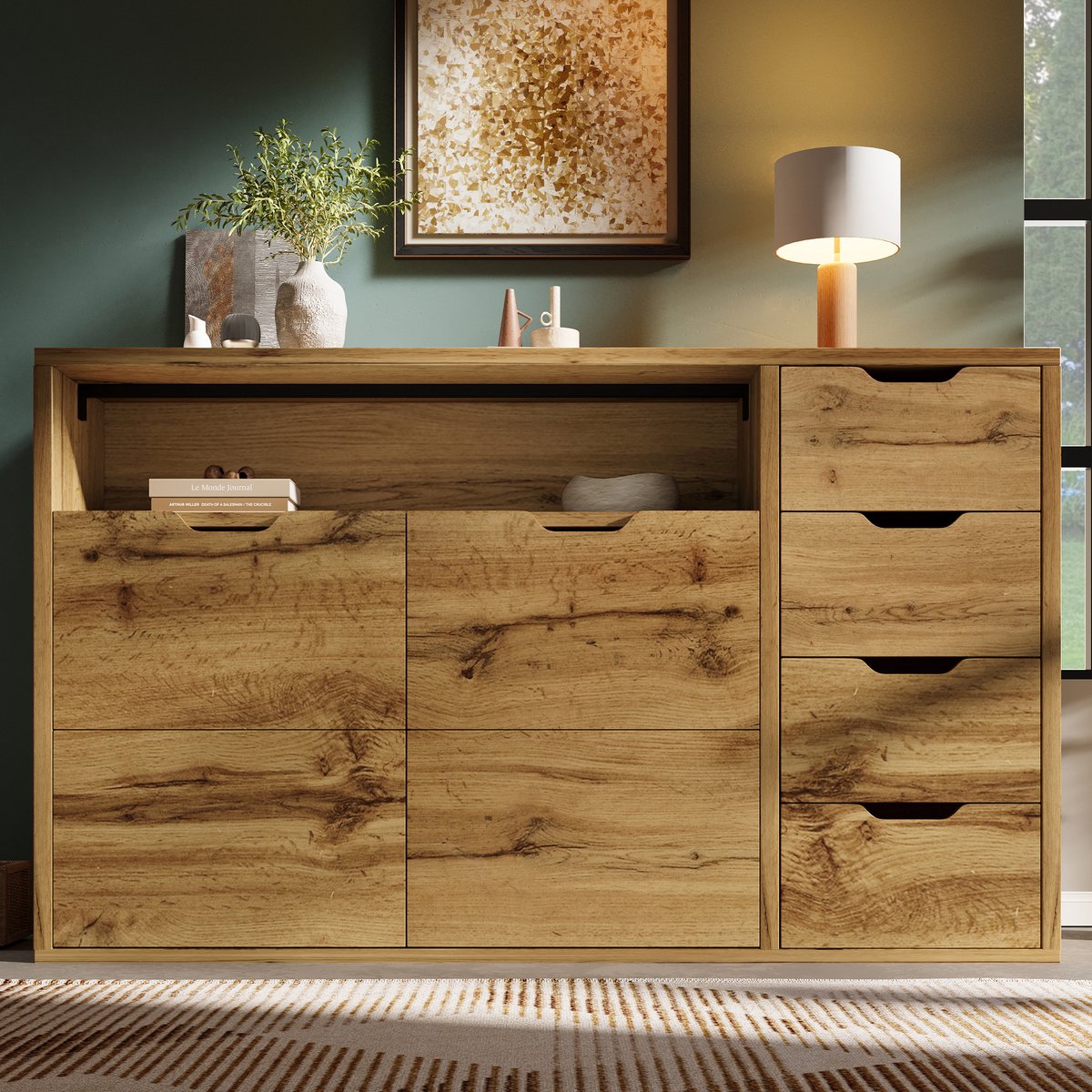MODFU Opbergkast 150x40x90 cm van MDF en metaal, eikenlook, met deuren en 4 laden