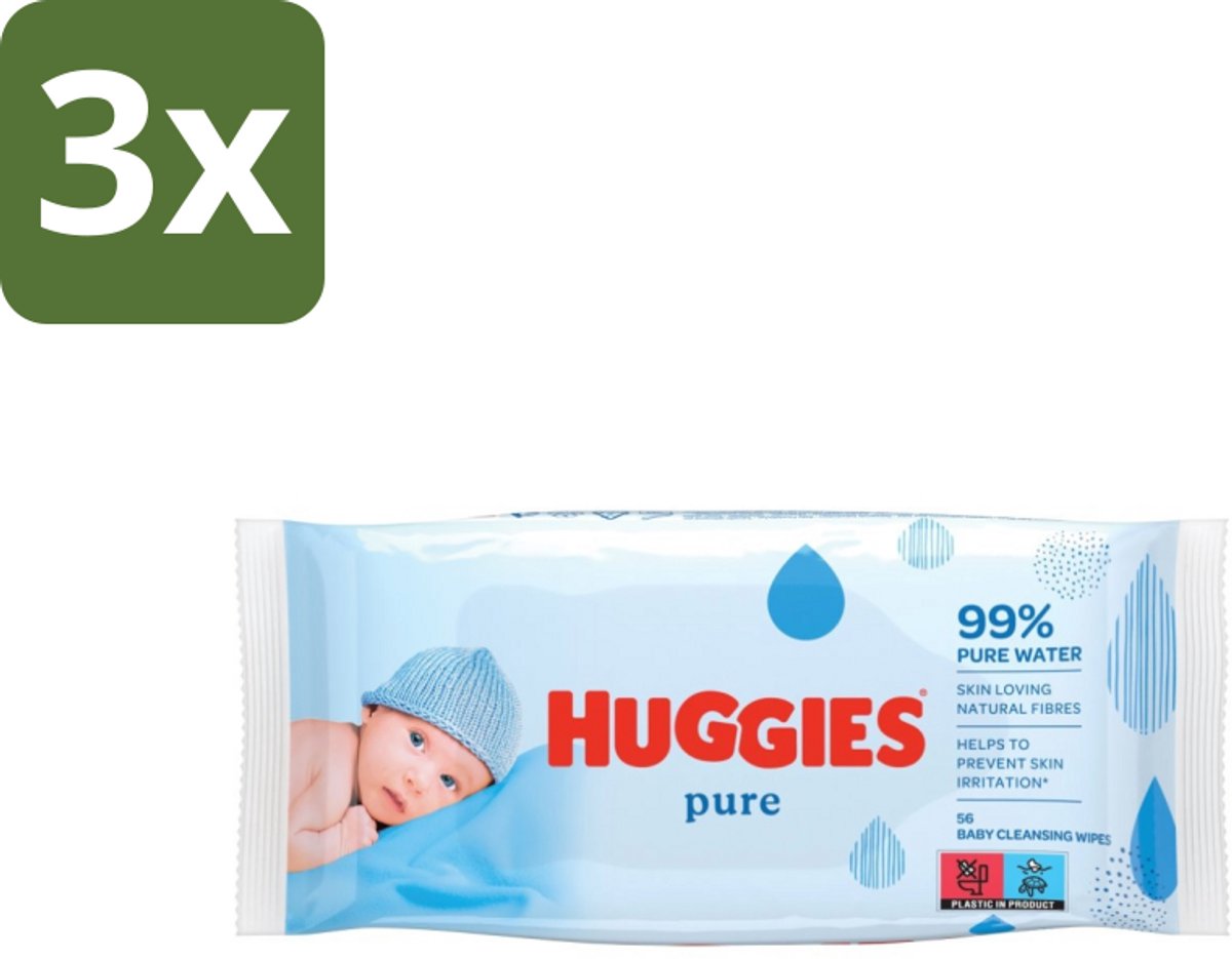 3 x Huggies - Billendoekjes - Pure - Tegen Huidirritaties - 56 Babydoekjes - Babydoekjes - Huidverzorging - Hypoallergeen - Babyhuid - Reiniging