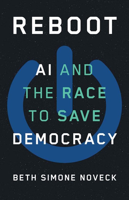 Livre "Reboot: AI and the Race to Save Democracy" avec un symbole de bouton d'alimentation bleu sur fond sombre.