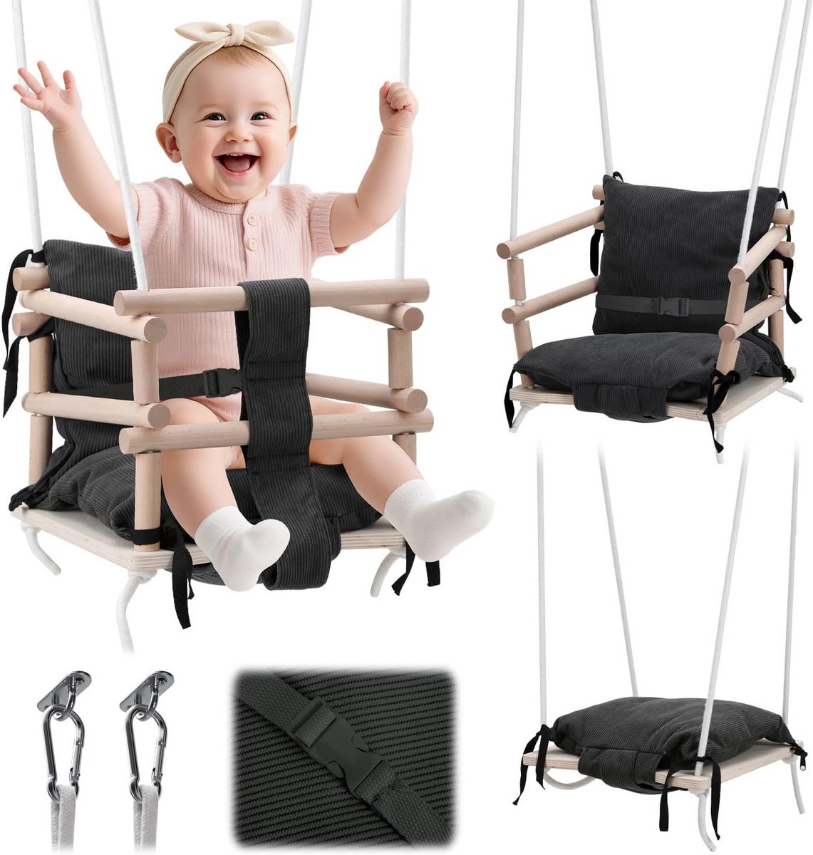 Houten Babyschommel Binnen Buiten Verstelbaar met Kussen Grijs