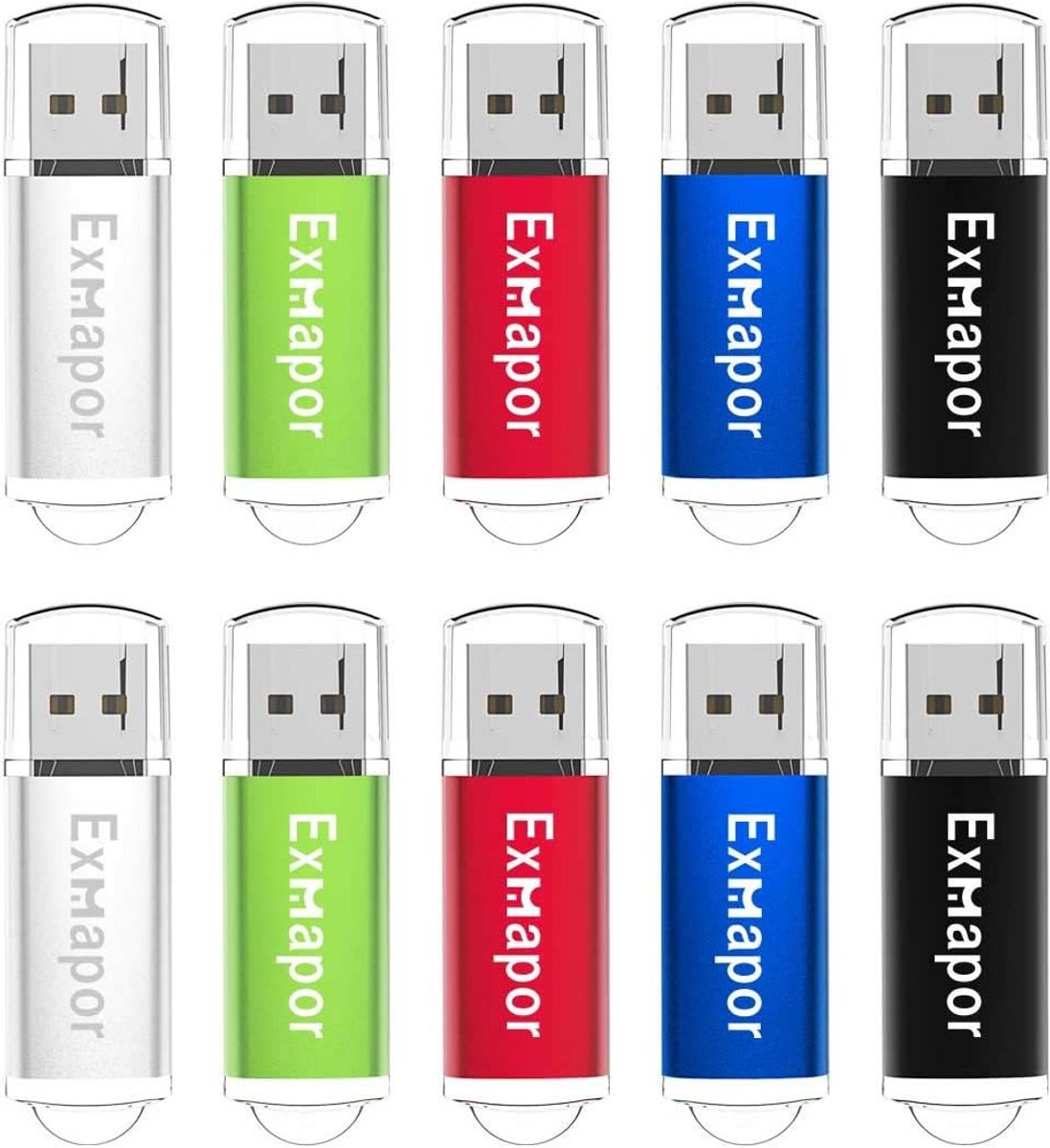 Bulk USB Flash Drive 32GB 10 Pack USB Drive Cap Design Memory Stick Keychain USB Stick with LED Indicator (5 Mixed Colors: Silver, Green, Red, Blue, Black)