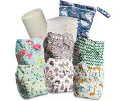 Wasbare Luiers Set (6 stuks) – One-Size Pocketluiers met Drukknopen, Inleggers en Natte Luierzak