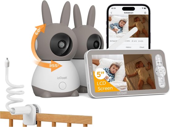 ieGeek Babyfoon met 2 Camera's en Groot 5 Inch HD Baby Monitor - met Slimme Functies - Nachtzicht - Baby Camera - Inclusief Flexibele Houders