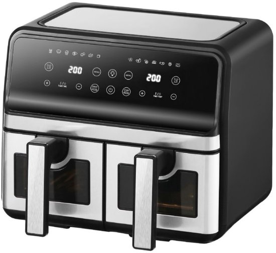 Zwarte Swiss Pro+ heteluchtfriteuse met zilverkleurige handvatten en een digitaal display.