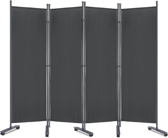Paravent gris foncé, 4 panneaux, pliable, sur roulettes.
