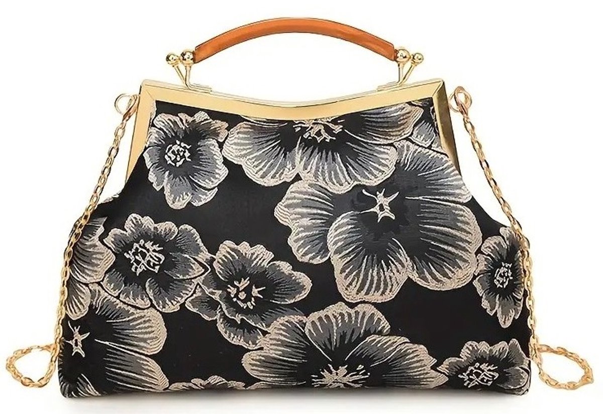 Boutique Trukado - Vintage Stoffen Handtasje Met Reliëf Bloemen zwart - (bxhxd) ca. 28cm x 19cm x 6cm