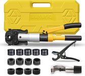 Hydraulische krimptang set met gele koffer, diverse persbekken (TH, M, U), pijpensnijder en buizenschaar.