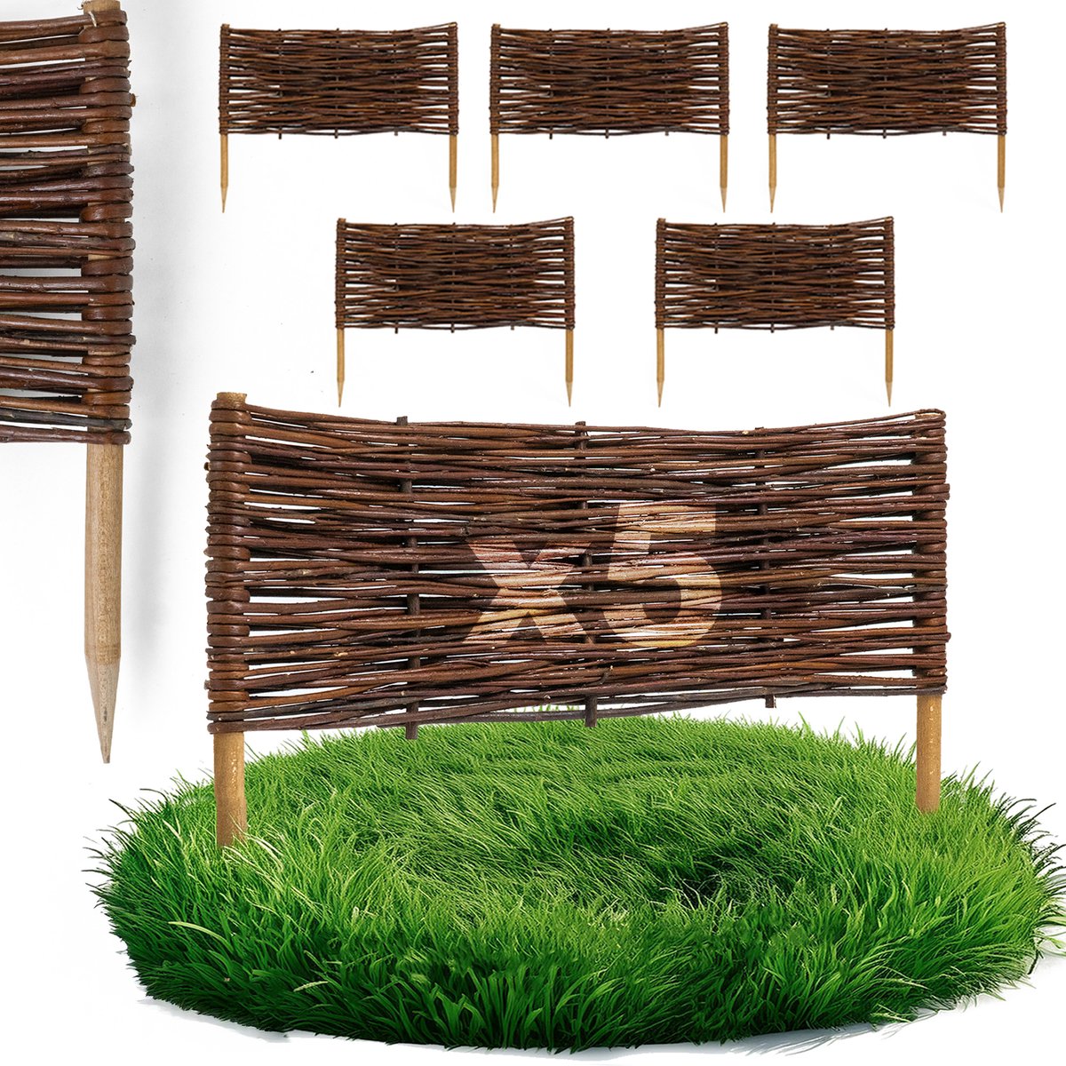 5 x BOGATECO bedrand van wilgenhout | 60 cm lang & 20 cm hoog | Houten schutting gazonrand | Wilgenhek insteekhekwerk