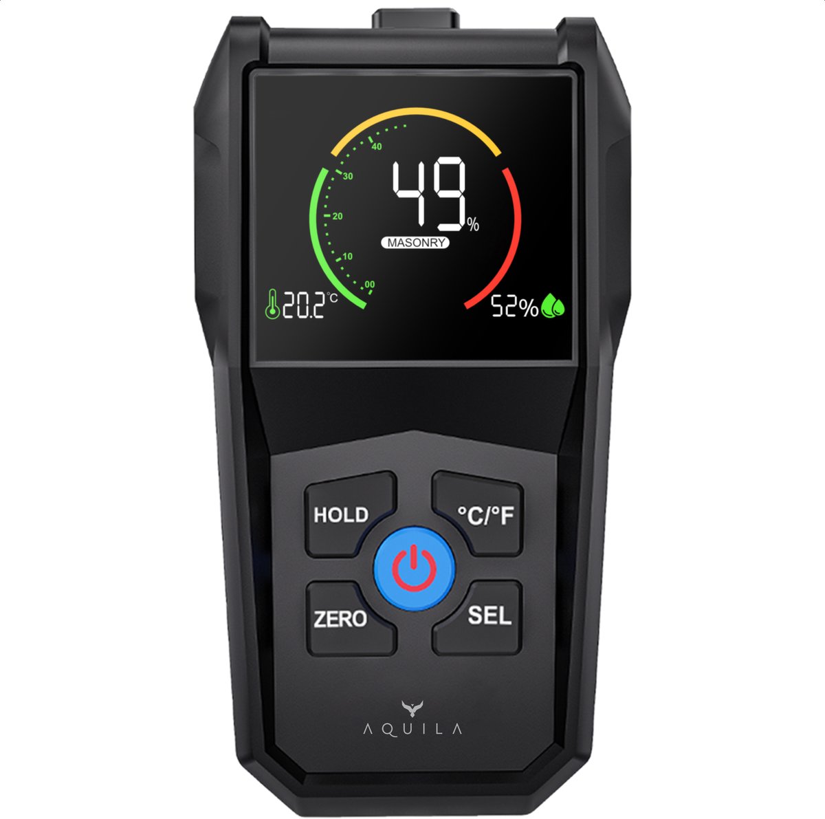 Aquila Vochtmeter Muren & Hout - Hygrometer Binnen Digitaal - Pinloze Houtvochtmeter - Vochtigheidsmeter voor in Huis - Caravan, Haardhout & Gipsplaat - Alarm - CE-gecertificeerd - Incl. Batterijen & Opbergtasje