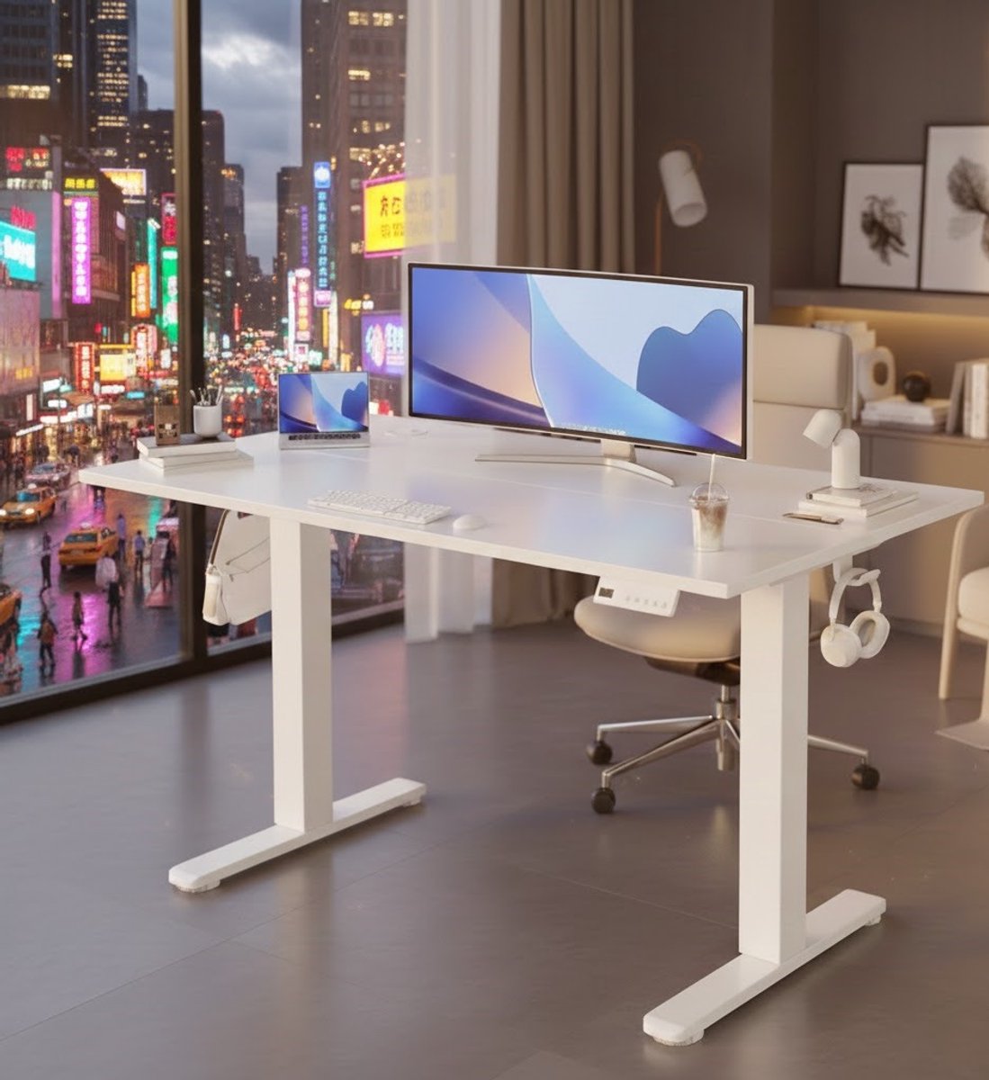 Elevé Pro Elektrisch Zit-Sta Bureau 120x60 cm – Verstelbaar Bureau met afsluitfunctie, anti-botsing & LED-display – WitCasa Serena – Casa Dorada