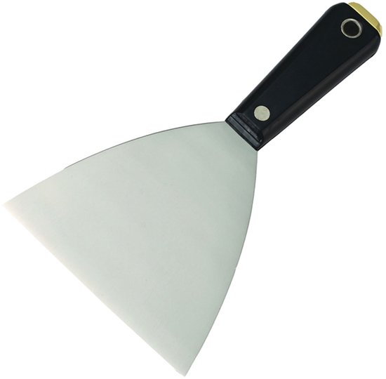 Plamuurmes met een breed, metalen blad en een zwart handvat met gouden dop.