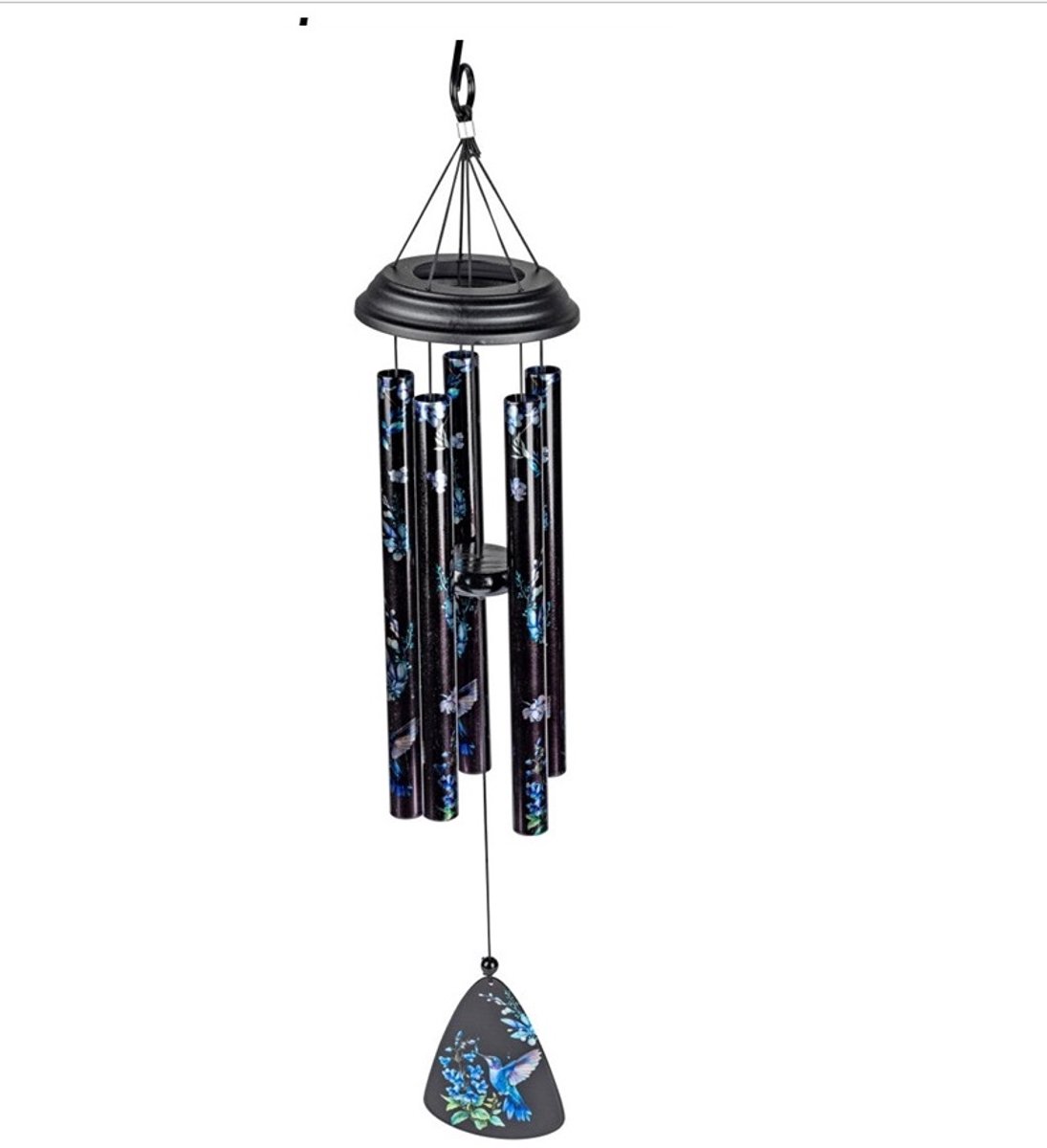Windgong - Metaal - 70cm x 20cm - Zwart - beschildering - Vogel - Blauw