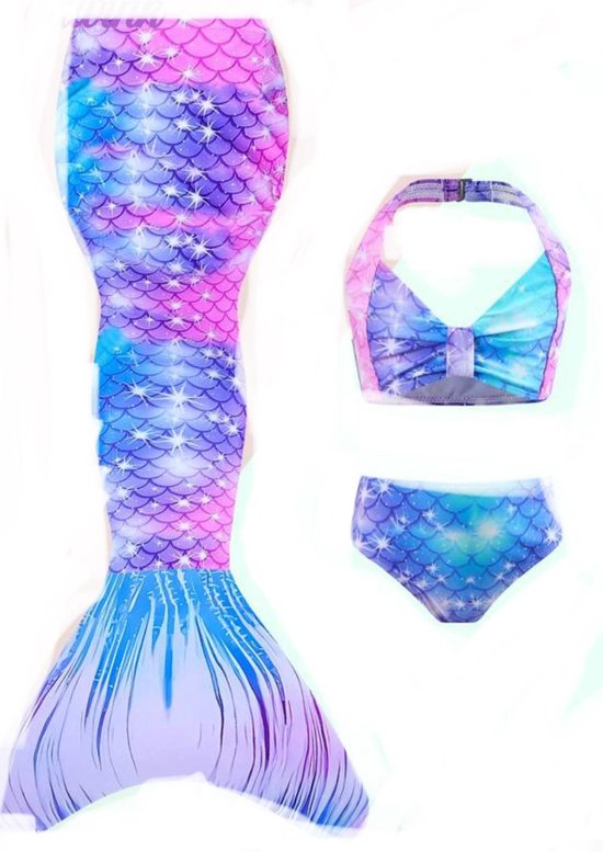 Paarse, roze en blauwe zeemeerminnen bikini met schubbenprint en glitters. Inclusief broekje en topje.