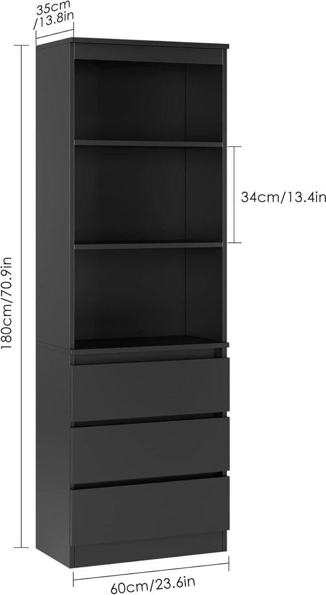 Boekenkast Casa Velluto 180 cm – Hoge multifunctionele kast met 3 laden en 3 legplanken – Zwarte houten opbergkast voor woonkamer, slaapkamer, kantoor, archief en decoratie – Duurzaam en onderhoudsarm