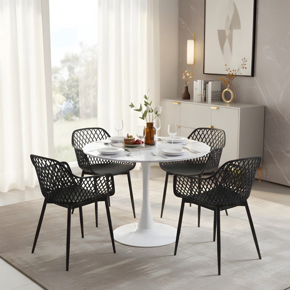 EGGREE eettafel en stoelen set - marmeren tafel Ø 80 cm met 4 stoelen - voor bar - kookeiland - café en eetkamer Marmerkleur-R4BK