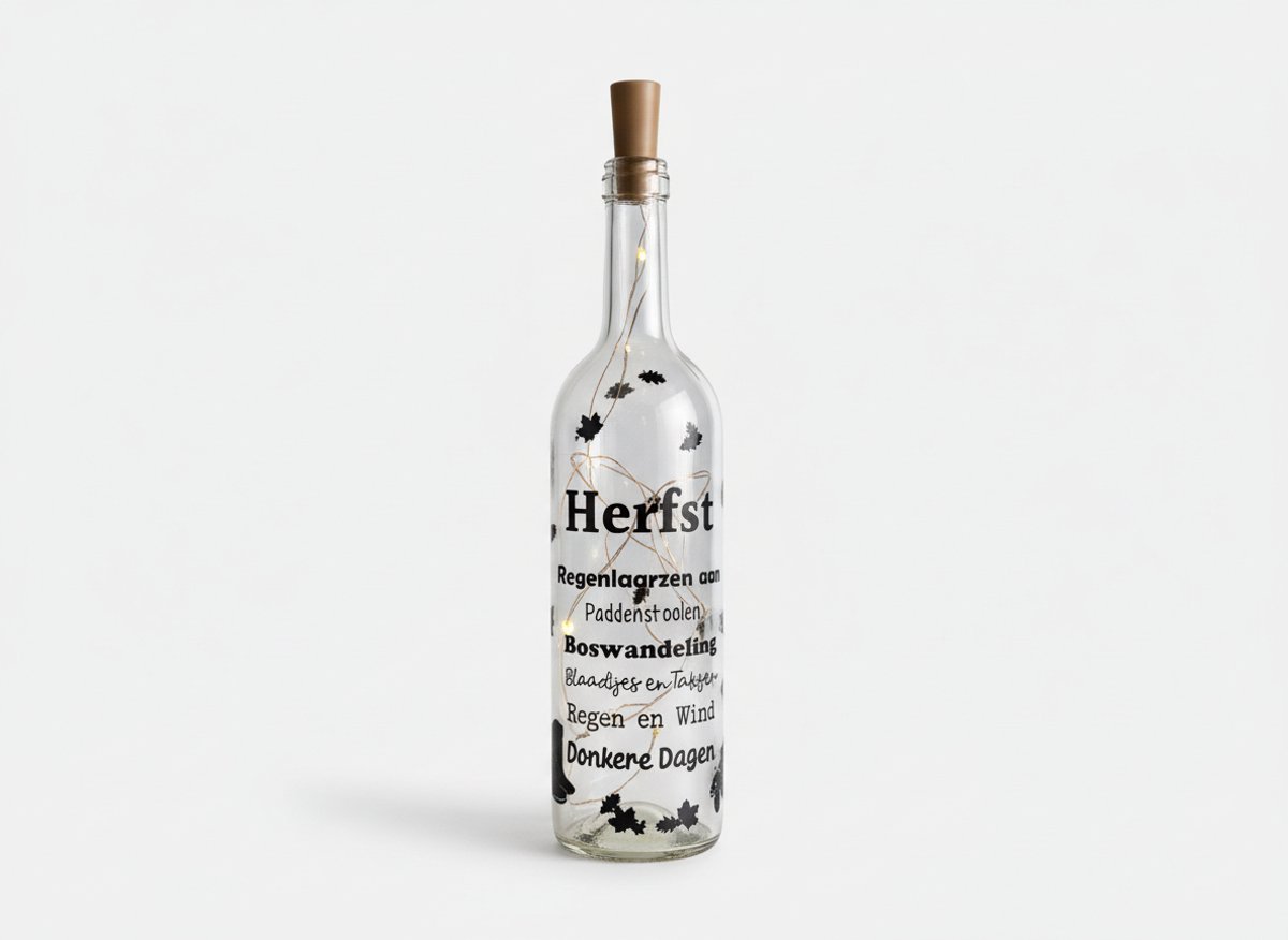 Hip met Pit Creaties - Herfst Lichtfles Gepersonaliseerd - 700ml Romantische Wijnfles - 20 LED Lampjes - Warme Gloed - Batterij - Herfstdecoratie