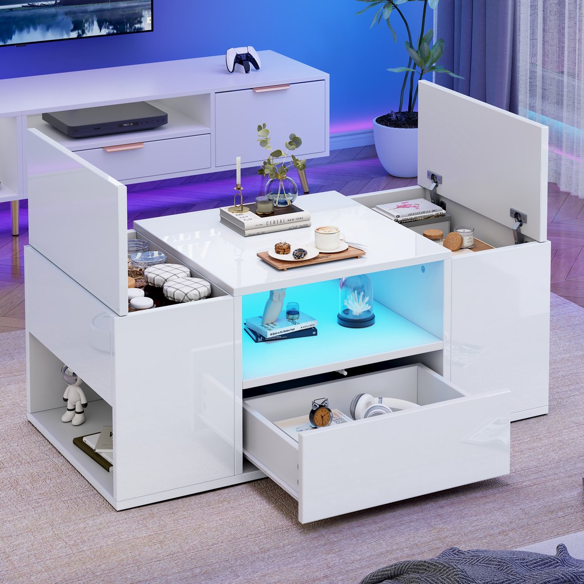 HAUSS SPOLE Salontafel - Hoogglans Met Ledverlichting En Lade - Met 2 Opbergvakken En 6 Opbergruimtes - Spaanplaat - Wit - 100x50x40 cm