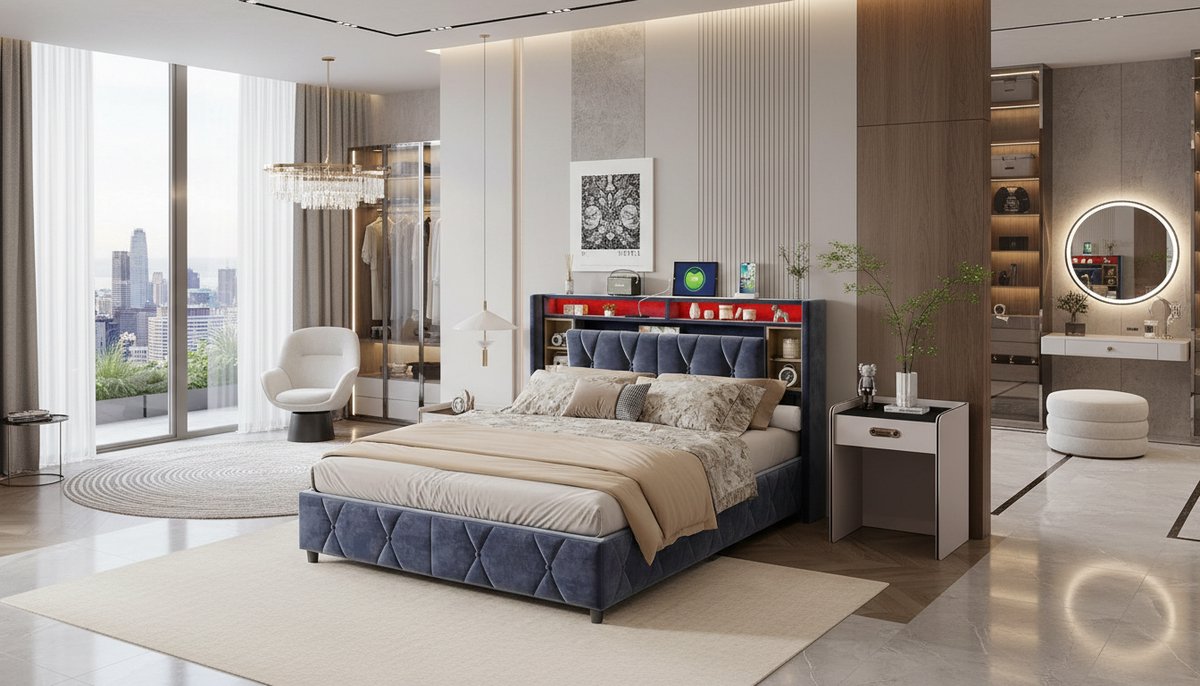 Opbergbed Tweepersoons 140x200 cm – Casa Velluto Luxe Gevoerde Bedframe met LED Verlichting, USB-poort en Hydraulische Opbergruimte – Modern Slaapkamerbed met Hoofdeinde en Lattenbodem – Grijs Fluweel