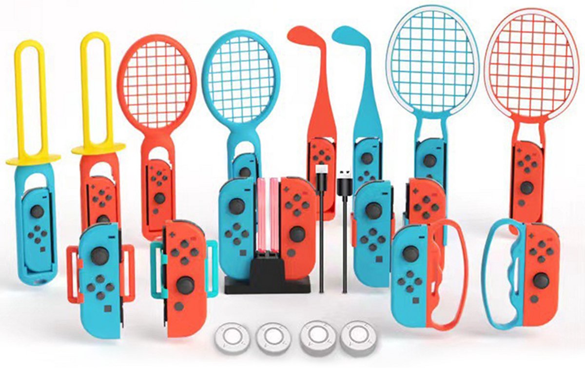 Switch-bewegingssensoraccessoiresbundel: lichtzwaardracket, beenriem, polsband, handgreep – 20-in-1