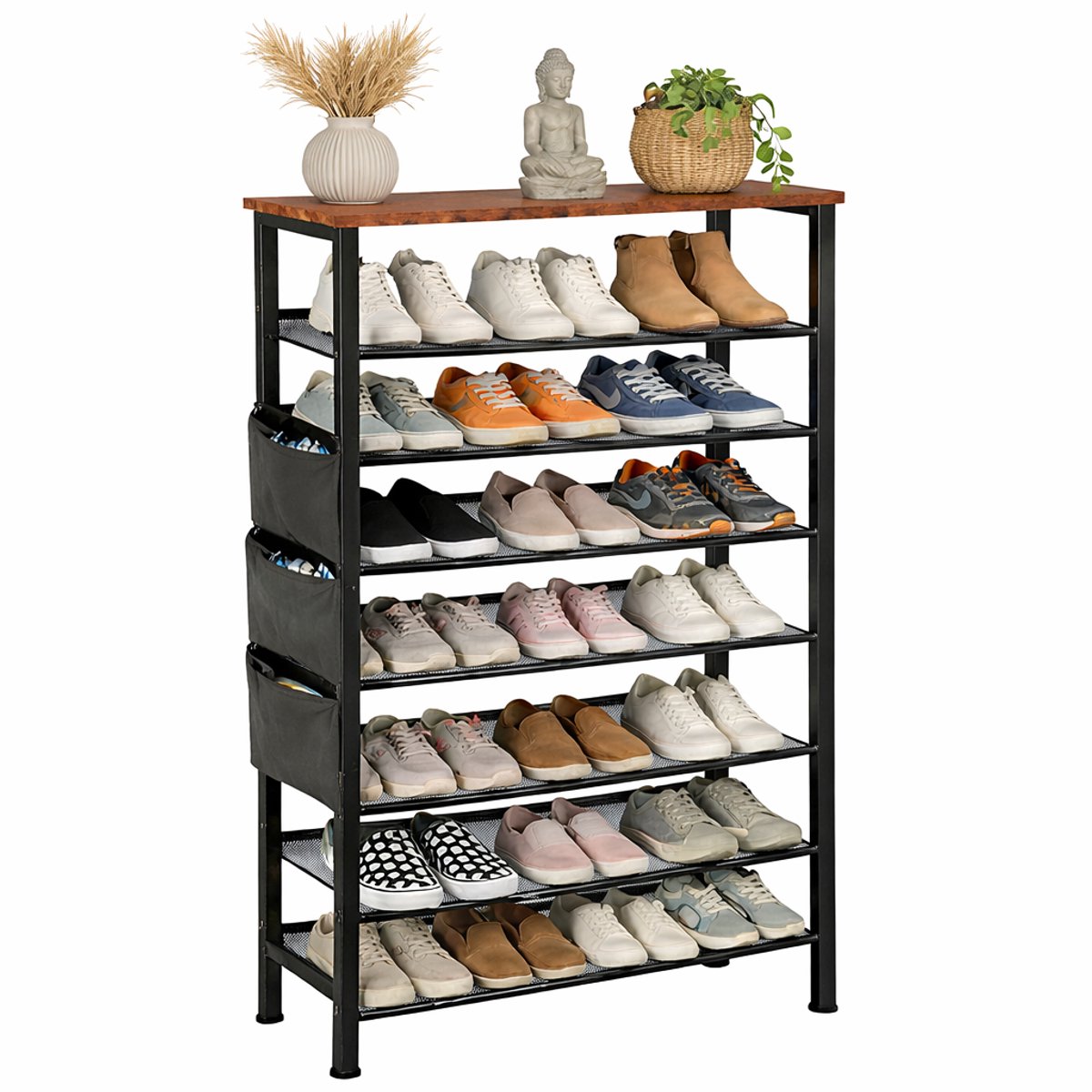 Schoenenrek 8 Lagen - Schoenenkast - Open Schoenenkast verstelbaar - Opbergrek - Hout & Metaal - voor 24-32 paar schoenen - Bruin Zwart - 75 x 30 x 137 cm